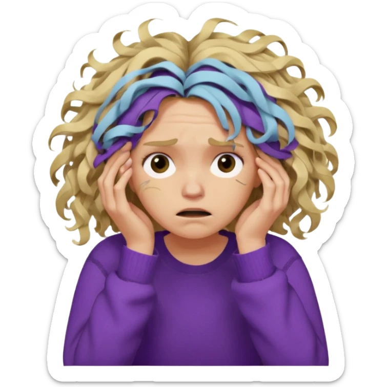 Emoji-style illustration of a frustrated young woman, messy, tangled, curly tousled blonde hair, clearly unkempt and chaotic, wearing a purple sweater, holding her face in her hands, expressing annoyance and disappointment, cartoonish, expressive, simple lines, flat colors, clear silhouette,  sticker