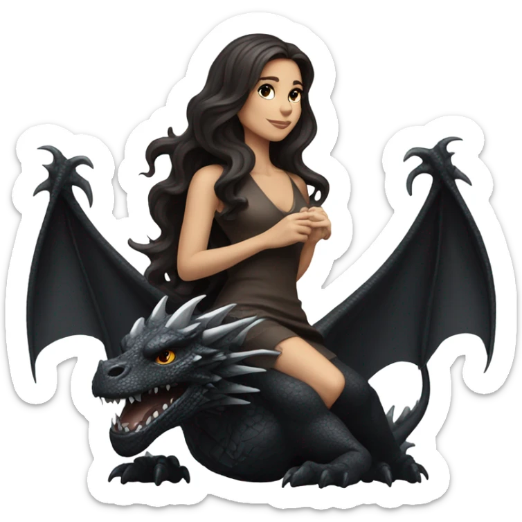 Beautiful white woman with long wavy dark brown hair riding on top of a black dragon sticker