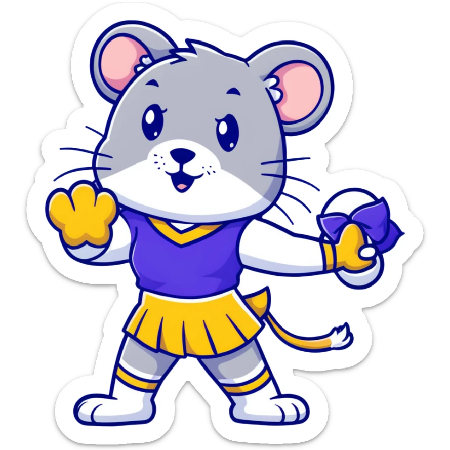 female rat cheerleader with blue bow, blue and gold uniform, Vikings team colors sticker