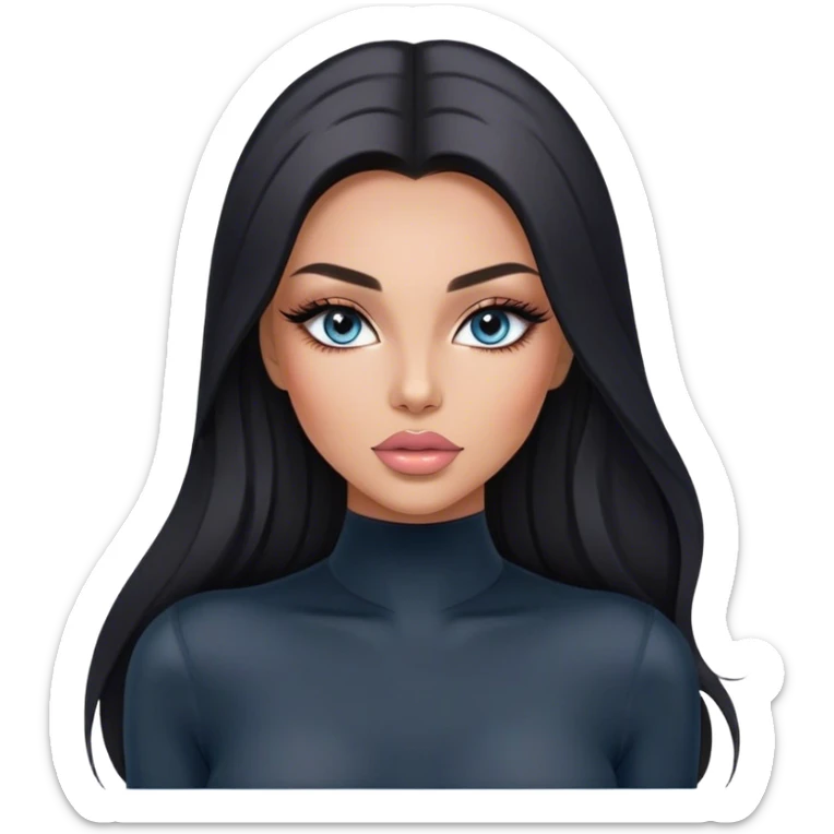 Glamours, tanned, very beautiful girl, with big pump peach-beige-rose lips, long long lashes, black straight smooth silky long hair, straight parting hair, blue-grey eyes in black long-sleeves bodysuit sticker