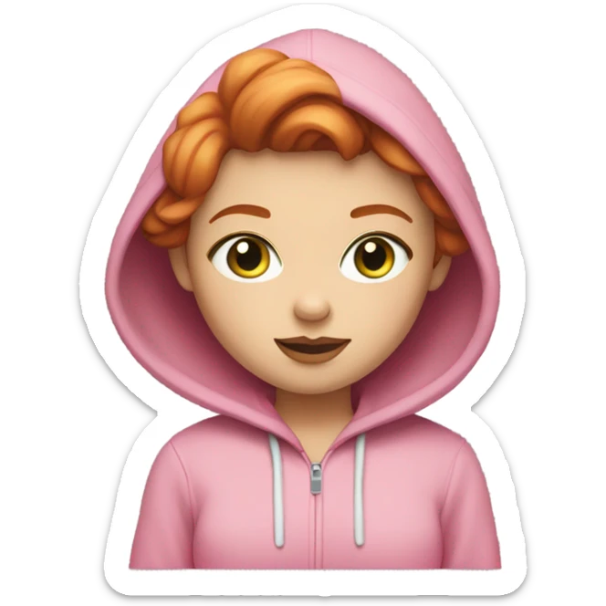Red hair girl with short hair and white skin, green-gray eyes, pretty face, big lips in pink hoodie with macbook and white skin sticker