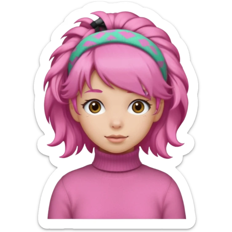 brown fluffy haired girl with pink turtleneck sweater and pink hair band sticker