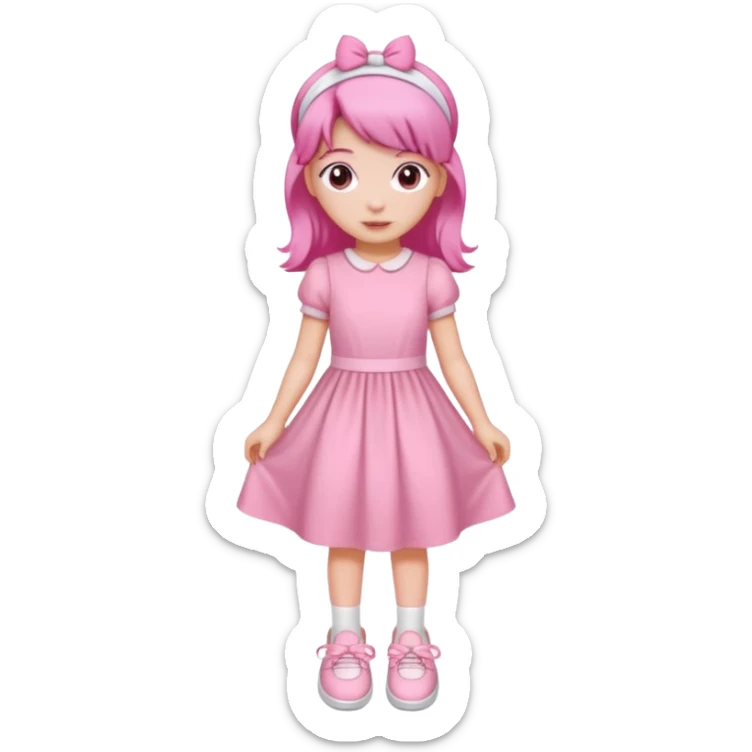 A girl wear a a pink pink dress and pink wacth and a pink hairband and a white shoes sticker