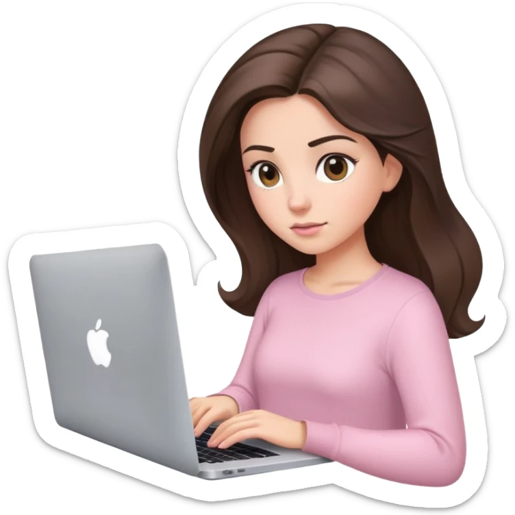 Brunette pretty girl, blowout hair, working on macbook, light pink top sticker