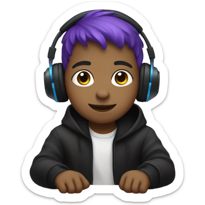 a boy sitting on a bench under a dim light in the park wearing headphones with purple and blue hair and black clothes sticker