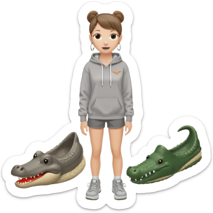 can you make a white girl with brown hair that is in a bun  and brown eyes and a normal white person nose and then she is wearing a grey hoodie mclaran formula 1 and wearing dirty white crocs with taylor swift gibits, 3 on each croc and she has 4 ear peiecings and hoop and stud and black shorts
 sticker