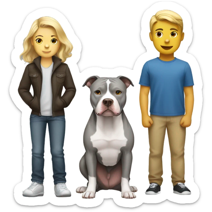 Gray Pitbull standing with white boy with brown hair and blonde girl sticker