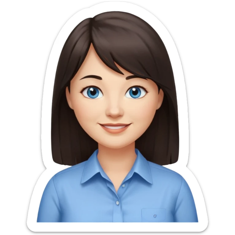 40 yr old woman, blue eyes, long straight dark brown hair, business shirt, chubby, bangs, long hair sticker