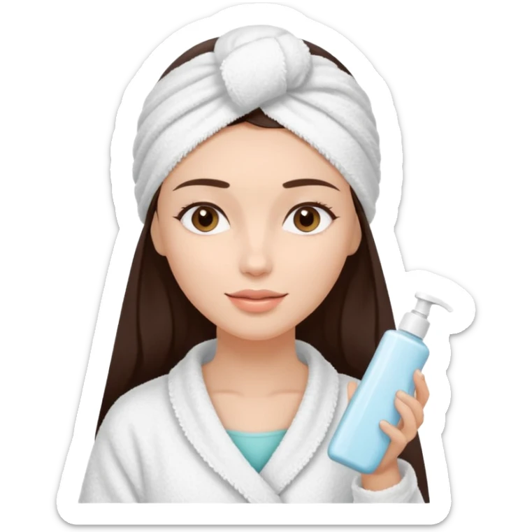 Uma mulher de toalha na cabeça pq ela acabou de sair do banho. A pele é branca/clara e cabelo marrom escuro, cabelo liso.  Ela tá com um hidratante nas mãos,  pq ela vai cuidar da pele sticker