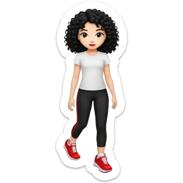 generate a pretty bratz fair skinned girl with curly black hair wearing a white tshirt trekking on a hill with red sneakers on and black leggings.  Put a hill behind her sticker