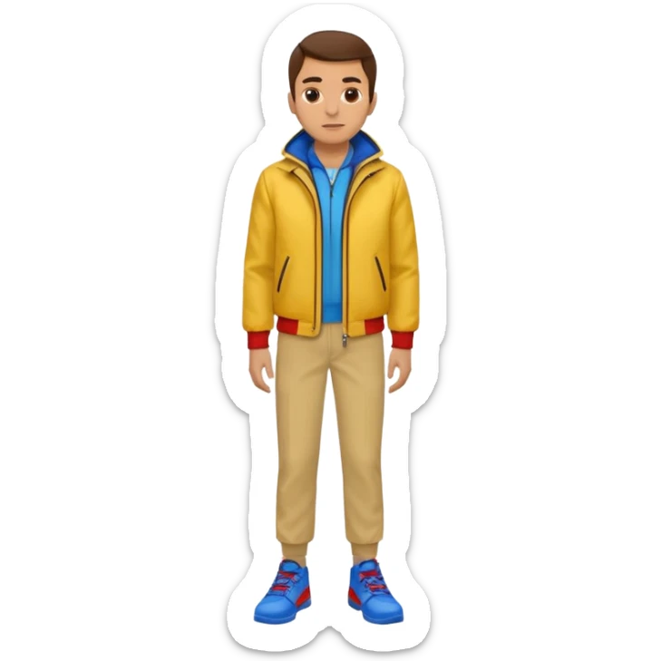 un hombre con: una chaqueta amarilla, pantalones rojos y zapatos azules. sticker