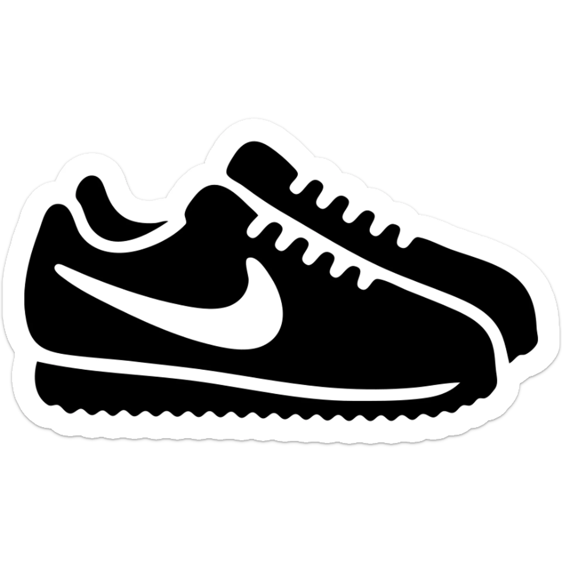 A pair of Nike Cortez sneakers in a black filled icon style, with a retro design. sticker
