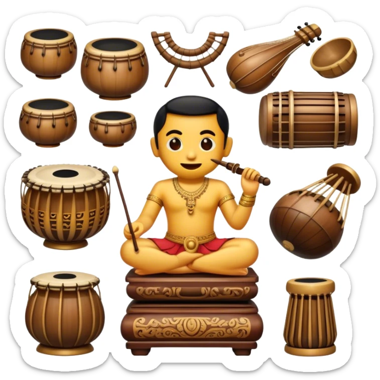 Cinematic Realistic Gamelan Pop Culture Emoji, depicted with an ensemble of traditional Indonesian instruments rendered with rich textures and rhythmic, cultural lighting. sticker