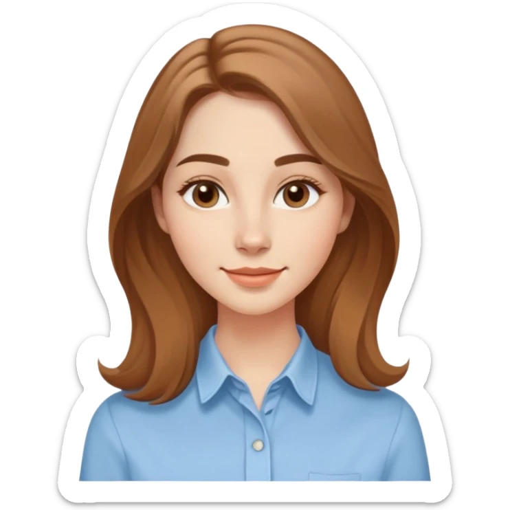 Young adult woman with oval delicate face, soft features, fine jawline, bright friendly smile, large expressive light brown almond eyes, medium arched eyebrows, proportional nose, defined lips, long light brown hair with gentle waves, wearing a casual feminine-cut light blue shirt sticker