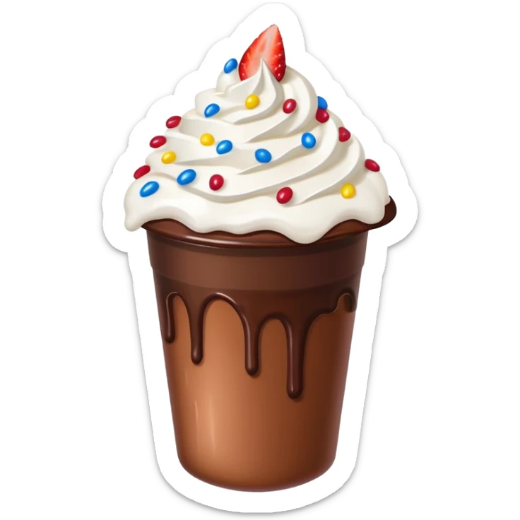 Un vaso plástico cubierto de chocolate que arriba se vea crema batida que por encima se vean fresas y chispas de colores  sticker