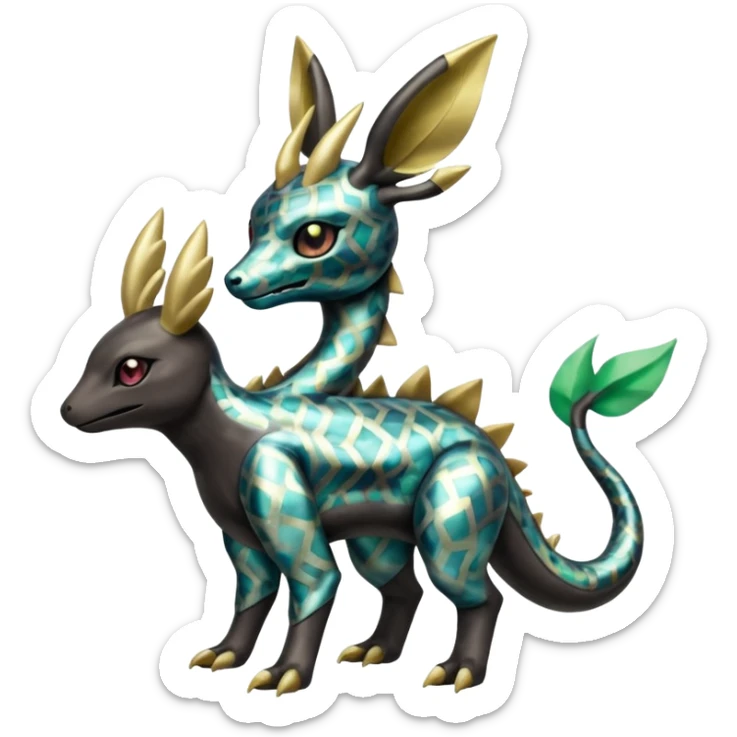 Shiny Iridescent Dusknoir-Helioptile-Cubone-Salandit-Leafeon-Fakémon-hybrid-creature (full body)  sticker