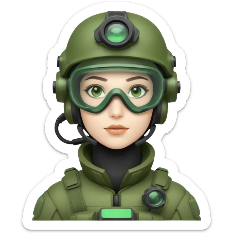 futuristic soldier in green high-tech gear, helmet, mask, and night vision goggles, cool and brutal sticker