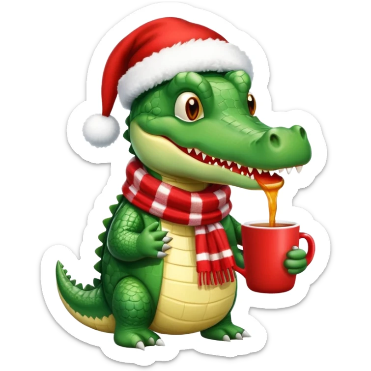 Fun crocodile wearing a winter hat and scarf, holding a warm mug of Bombardino drink sticker