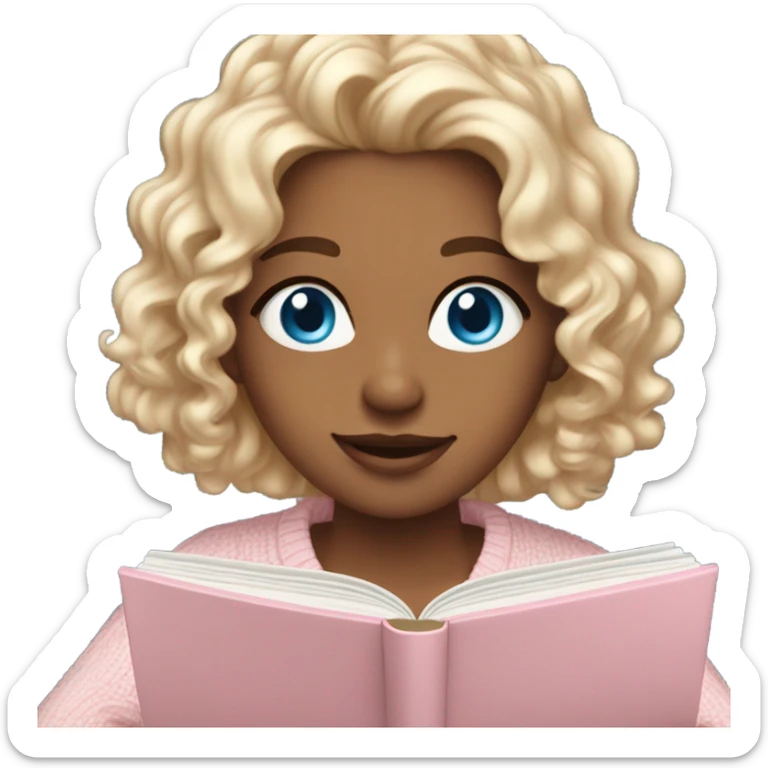 Beautiful girl with blue eyes and wavy hair, with a light blue outfit smiling Pretty blue eyed white girl with light pink sweater reading cozy sticker