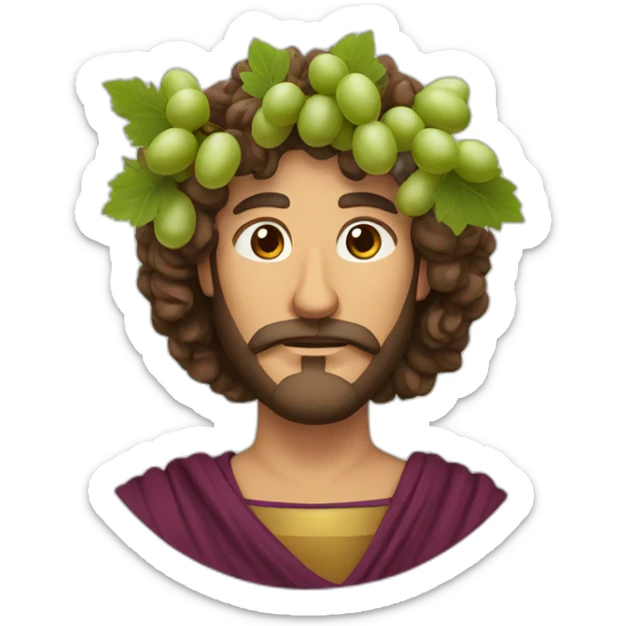 man without a mustache with greek robe and long curly hair and a crown of grapes and leaves sticker