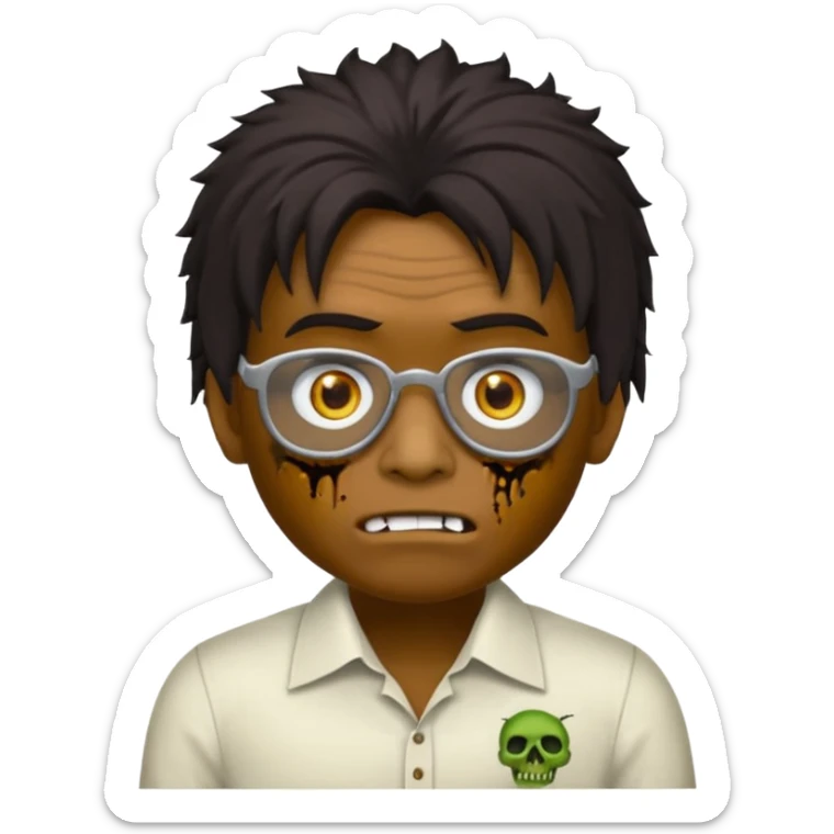 Um garoto zombie de cabelo castanho escuro, quase preto, com um cabelo médio, com olhos castanhos esverdeados, de camisa branca, com óculos redondo sticker