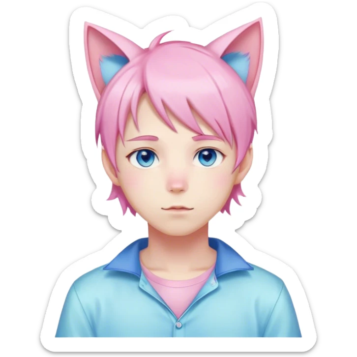 Pastel effeminate young femboy man with pastel pink shiny hair, pink cat ears, pastel yellow blouse, blue eyes, cute, gorgeous, anime, catboy sticker