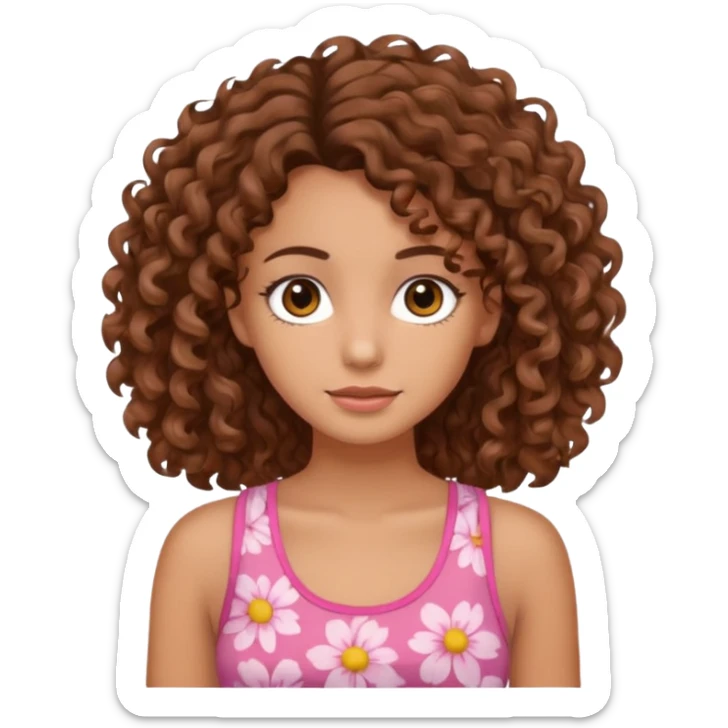 A pretty girl with tan skin and brown wavy curly hair, wearing a floral pink tank top with brown eyes sticker