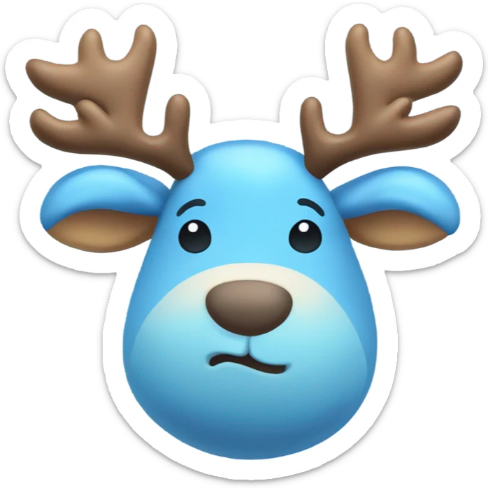 A cute blue stuffed animal resembling a cartoon moose or reindeer, with soft rounded horns, a smiling face, and a light blue belly. It has a friendly and cuddly appearance, perfect for kids or as a comforting plush toy.” sticker