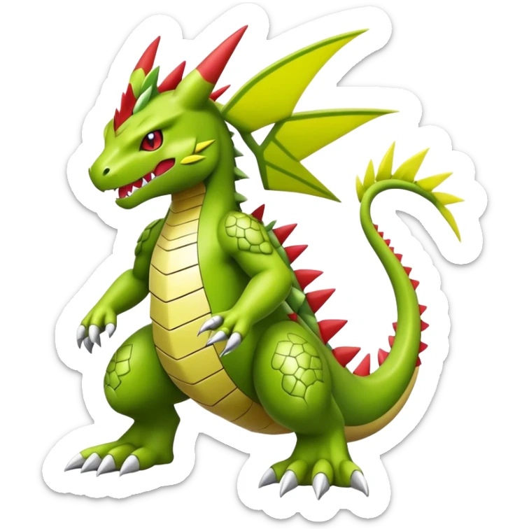 Cool cute shiny futuristic Guilmon-Flygon-Tyranitar-Digimon-hybrid-fusion, yellow belly, full body sticker