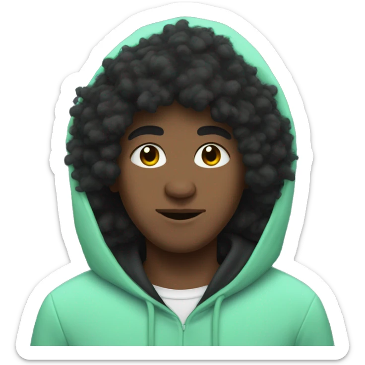 Person with black fluffy hair and minty hoodie sticker