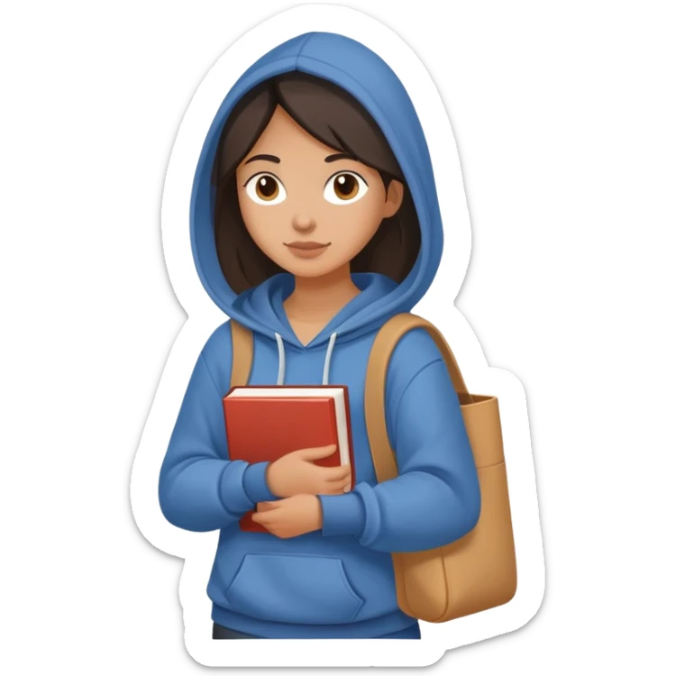 A flat-style illustration of a woman college student with a tote bag over her shoulder and a book in one hand. The student wears a hoodie. Clean cartoon style, white background, iOS emoji aesthetic. sticker