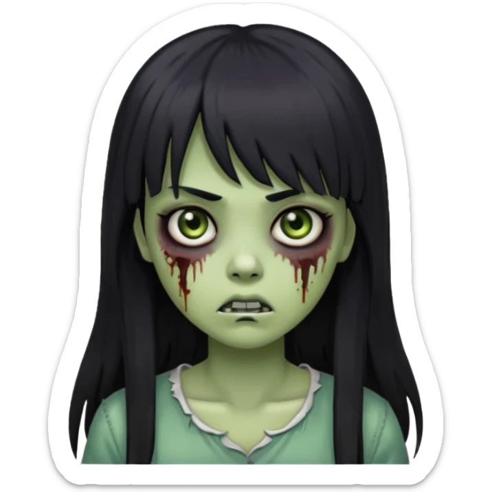 zombie girl emoji with black eyes, long black hair and bangs, greenish skin sticker