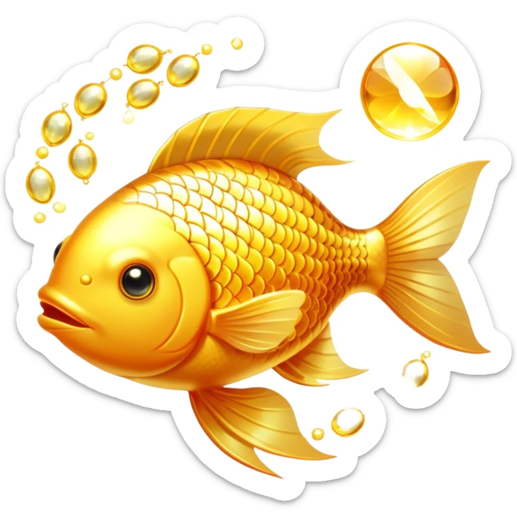 Bright golden fish with radiant glowing scales alongside a shining golden omega-3 capsule. Both elements emitting strong beams of light and sparkles, surrounding them with a brilliant aura. The scene is filled with luminous particles and light rays creating a magical, bright effect. sticker