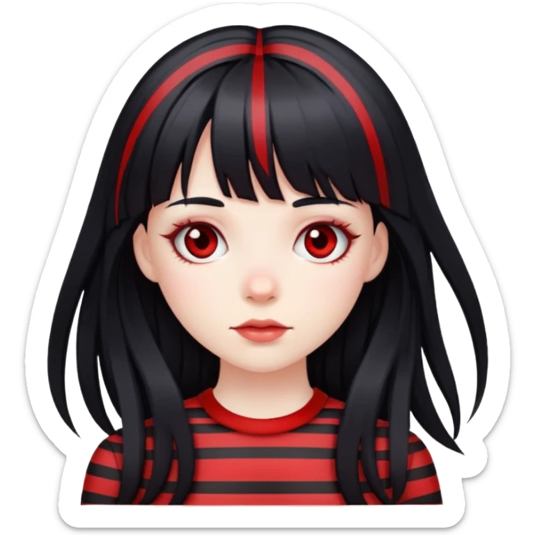 pale girl, long black hair with red striped hair and bangs sticker