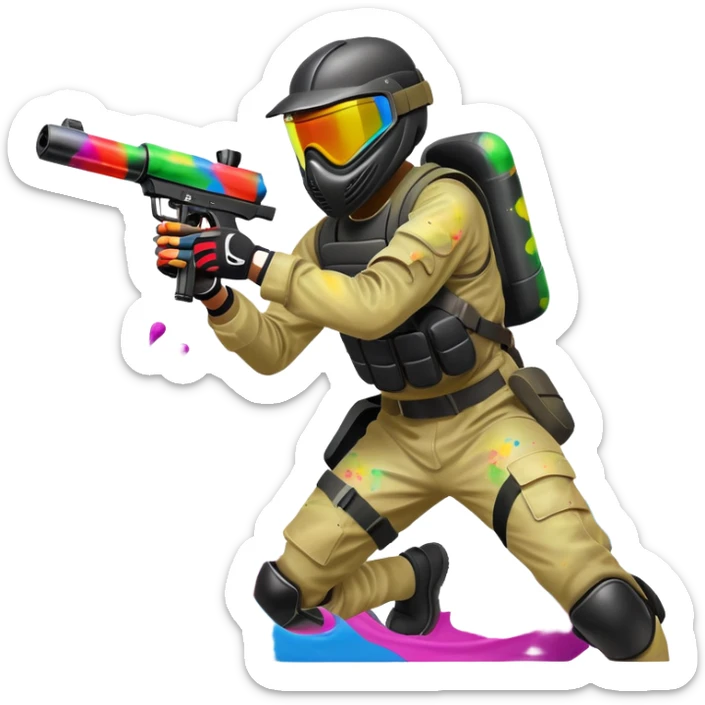 A dynamic scene of a player in action, holding a paintball gun and wearing protective gear. The background shows a vibrant paintball field with obstacles, colorful splatters of paint in the air, and an intense, competitive atmosphere. sticker