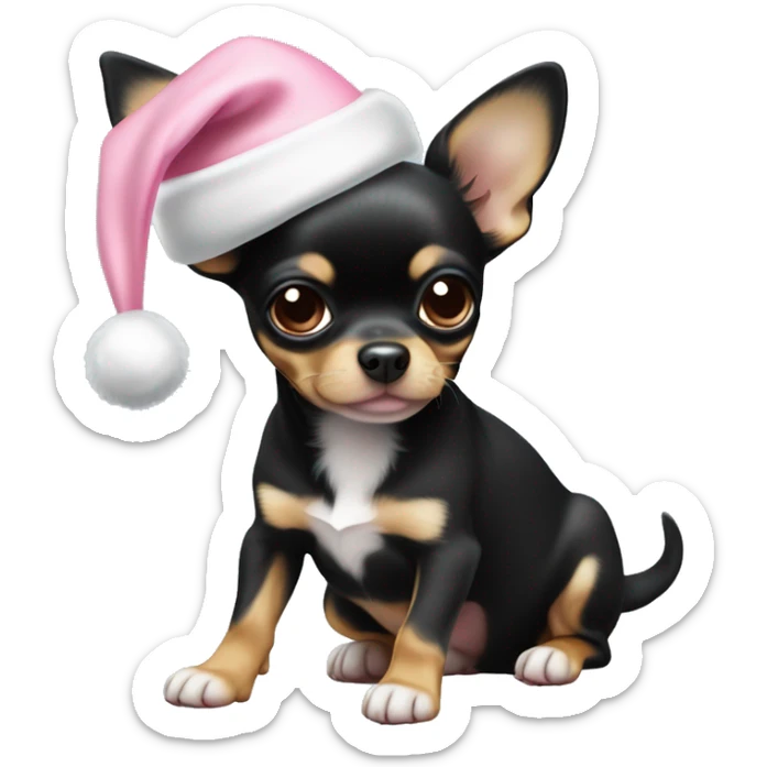 black & tan chihuahua puppy full body light blue eyes pink christmas hat on sticker