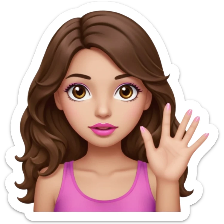 girl with long wavy brown hair, brown eyes, light to medium complexion, in a pink sexy top, pink puckered lips, long lashes, whatever with the hand out sticker