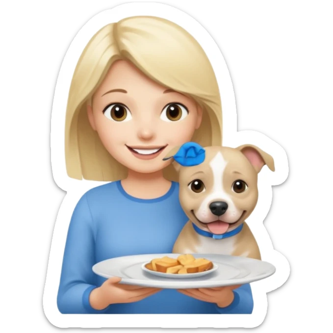 Blonde girl with plate with a blue English staffy sticker
