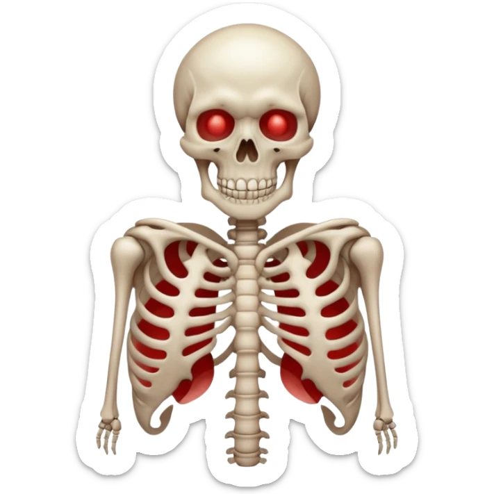 Minimalist emoji-style sticker of a ribcage x-ray with a curled-up demon inside, lines in faint white on black background, subtle red eye glow



 sticker