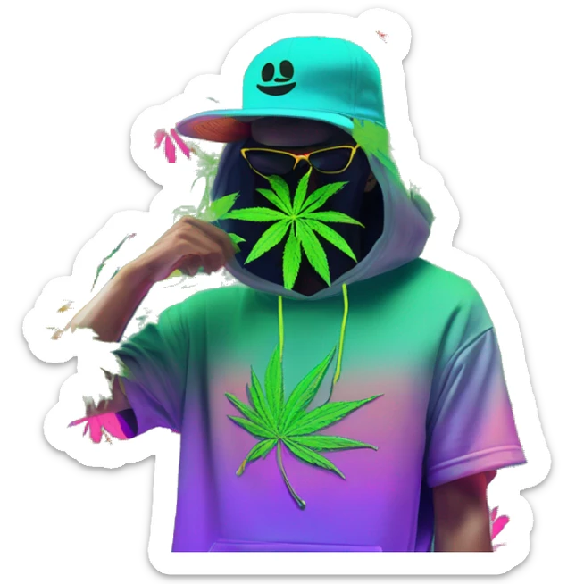 Hemp leaves Multicoloured neon person smoking wearing hoodie dancing hip hop bucket hat tropical Skater fashion aesthetic baggy clothes graphic t shirt 420 sticker