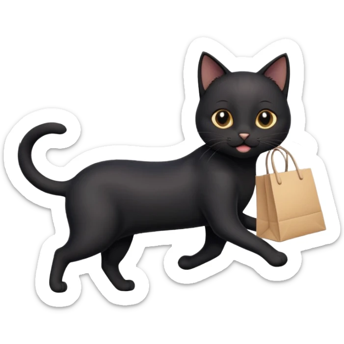 A cute black cat emoji in Apple-style, shown in side view like 🏃, running on four legs with a shopping bag in its mouth. Smooth gradients, soft shading, rounded features, and cheerful mood. sticker