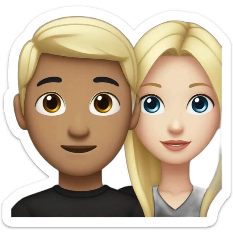 Blonde girl with blue eyes in black sweater and asian man with black hair and black eyes hugging sticker