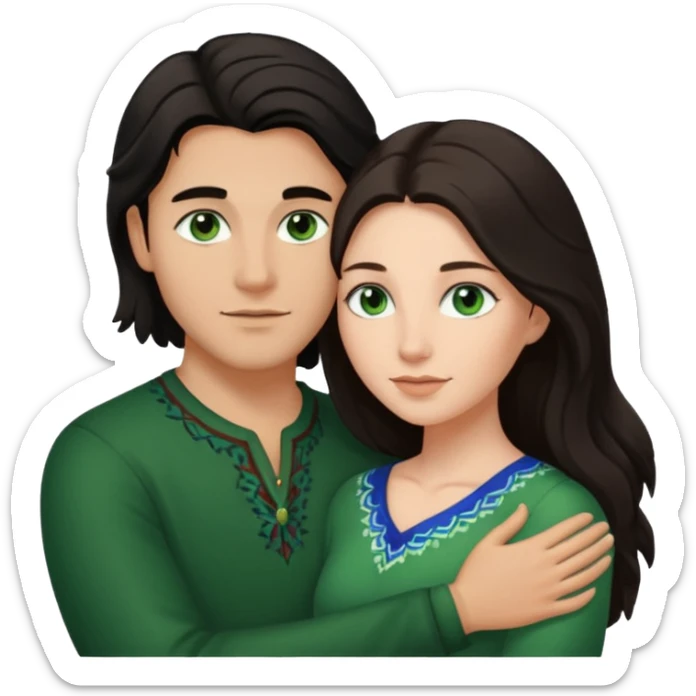 young Métis man and young white woman in a loving embrace, the woman has long dark hair and green eyes sticker
