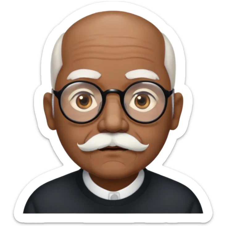 an elderly man with medium-dark skin tone, bald on top with short white hair at the sides, thick white eyebrows, large brown eyes, and wears black-framed glasses.
A small white beard sits above his mouth sticker