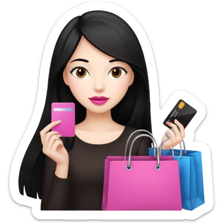 Girl with long black hair and pink lipstick, brown eyes holding shopping bags and credit card sticker