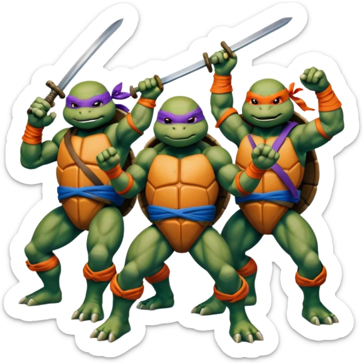 Give me a picture of 4 teenage mutant ninja turtles. Make them hold a fighting pose. One should be red, another orange, another purple, another blue sticker