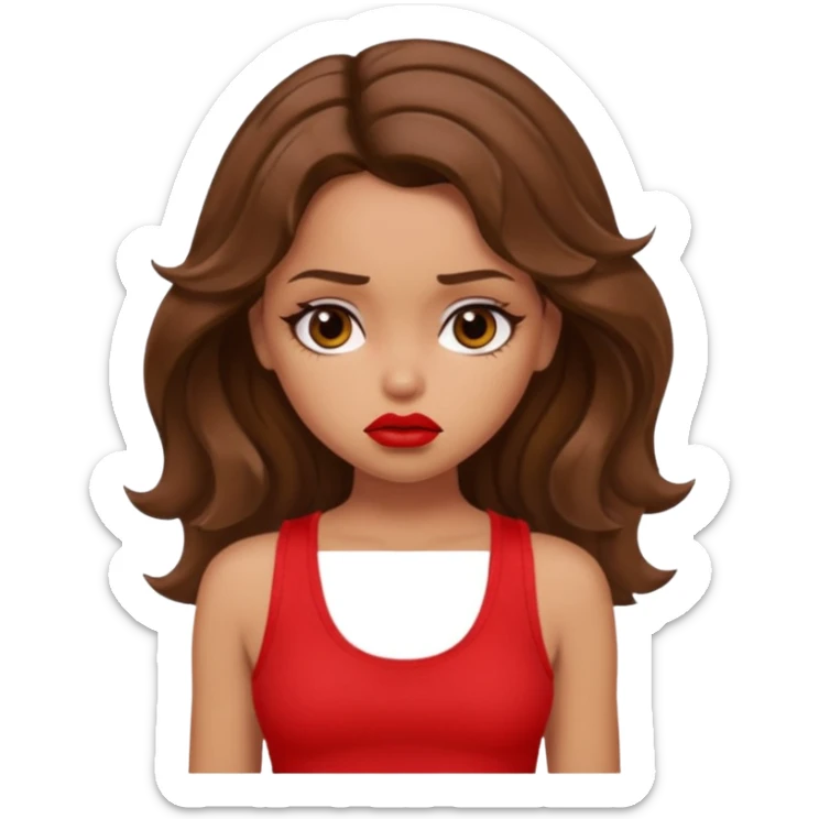 generate a pretty tan bratz girl with brown wavy hair long wearing a red tank top, red lipstick. Looking sad sticker