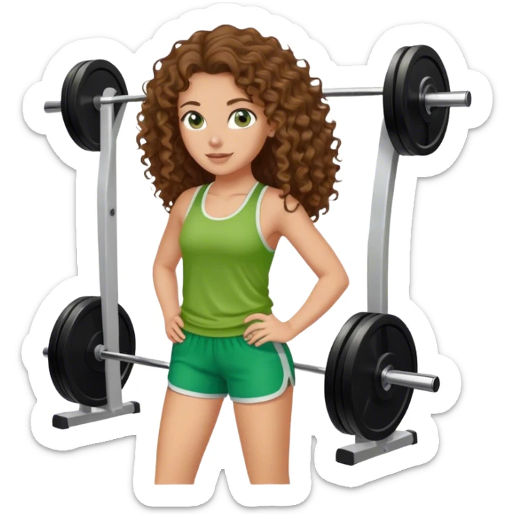 white girl with long brown curly hair in green top and shorts at the gym sticker