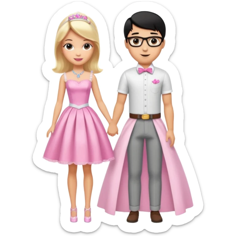 pretty light blonde girl barbie wedding to boy nerd with short black hair and tan skin sticker