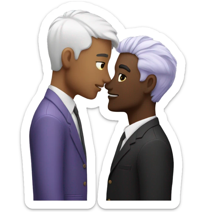 Two men kissing, one of the white with lavender hair and the other person is black with black hair sticker